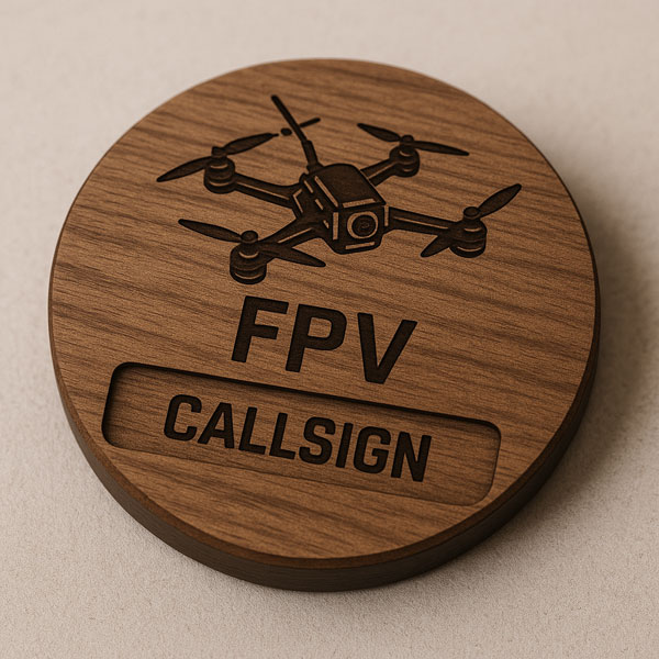 Concept preview of a round wooden plaque with an engraved FPV drone and a space for a callsign.